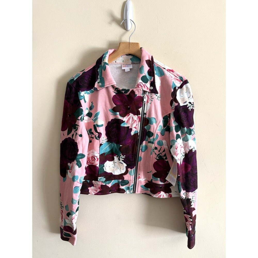LuLaRoe Womens Floral Cropped Zip Up Jacket Snap Collar Size L Presley NWT